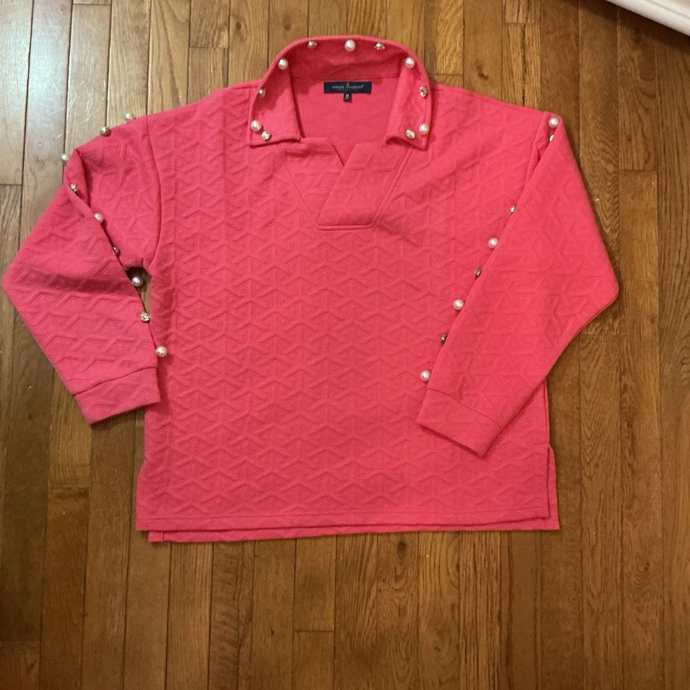 Simply Southern Pink Quilted V Neck Long Sleeve Top With Pearls And Rhinestones